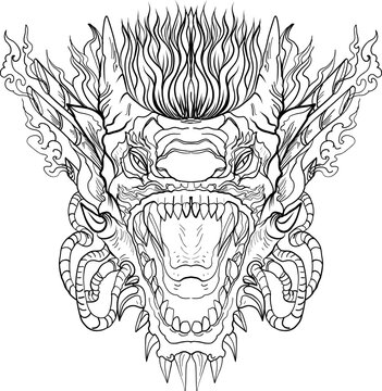 black-and-white illustration of a mythical dragon-naga hybrid face. The artwork combines the fierce expression of a Chinese dragon with the ornamental flames, scales,