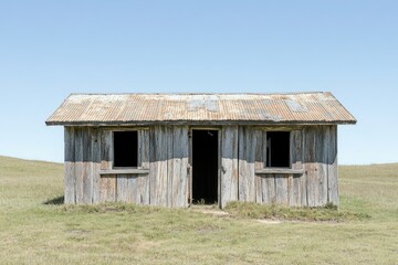 Obraz premium Abandoned weathered wooden shack on a grassy plain