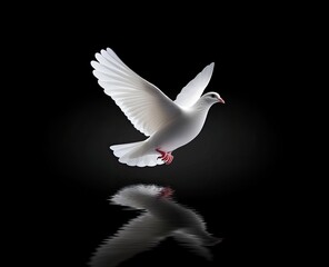 Obraz premium White dove in flight, reflected in dark water. Detailed view of wings spread wide, against a black background