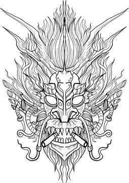 black-and-white illustration of a mythical dragon-naga hybrid face. The artwork combines the fierce expression of a Chinese dragon with the ornamental flames, scales,