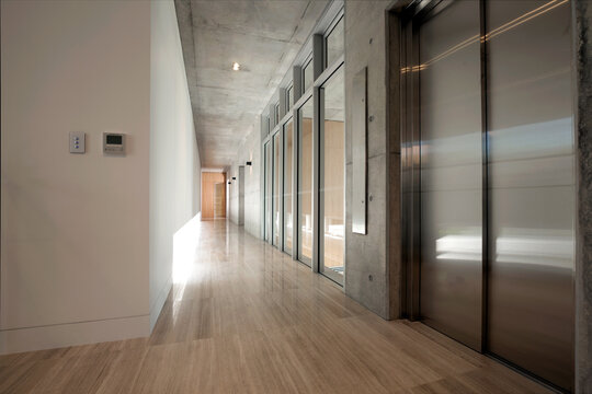 Modern hallway with floorboards and glass doors