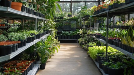 Greenhouse Interior Filled with Potted Plants on Shelves, Garden Center