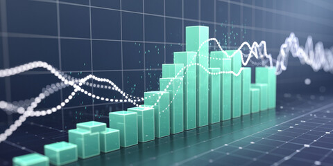 3D render of teal bar graph rising, overlaid with white dotted line graph, dark grid background showcasing growth, progress, and success in business