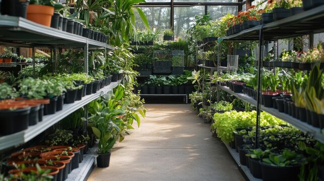 Greenhouse Interior Filled with Potted Plants on Shelves, Garden Center