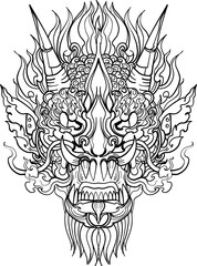 Fototapeta premium black-and-white illustration of a mythical dragon-naga hybrid face. The artwork combines the fierce expression of a Chinese dragon with the ornamental flames, scales,