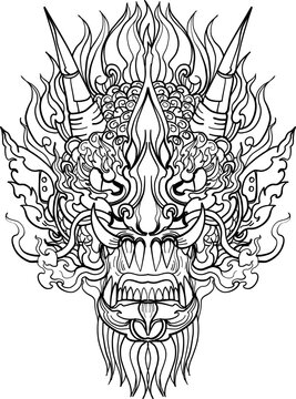 black-and-white illustration of a mythical dragon-naga hybrid face. The artwork combines the fierce expression of a Chinese dragon with the ornamental flames, scales,