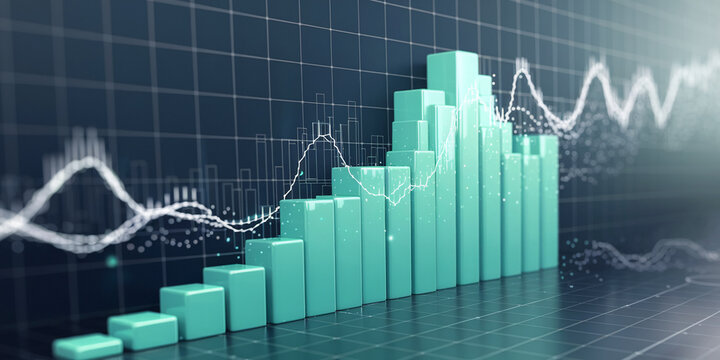 Ascending teal bars graph against dark grid background, showcasing growth and progress in business analytics, representing financial success or market trend