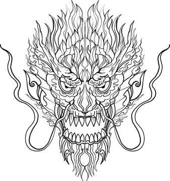 black-and-white illustration of a mythical dragon-naga hybrid face. The artwork combines the fierce expression of a Chinese dragon with the ornamental flames, scales,