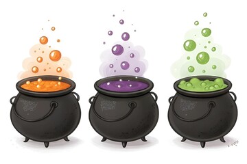 Whimsical Halloween Cauldrons with Colorful Bubbling Potions Illustration