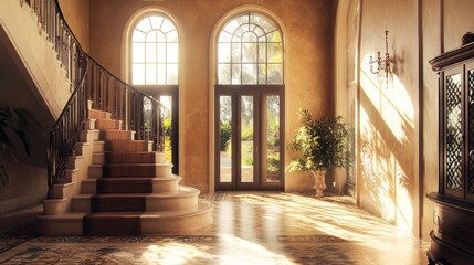 Fototapeta premium Sunlit Grand Staircase in a Luxurious Mediterranean Villa