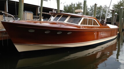Classic Wooden Motorboat at Dock Reflecting in the Water, Featuring Intricate Design and Gleaming Finish