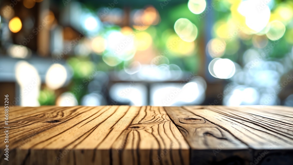 Poster empty wooden table in front of abstract blurred background of coffee shop . can be used for display 