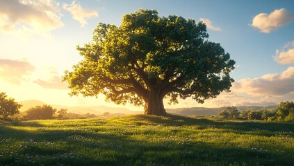 Fototapeta premium Majestic Lone Tree in a Serene Field