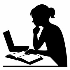 vector of women reading book while using laptop.