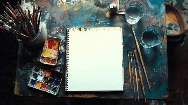 Carnet &agrave; spirale blanc, pinceaux et palettes de peinture sur table d&rsquo;artiste tachet&eacute;e, ambiance cr&eacute;ative, style flat lay, couleurs vari&eacute;es et fond textur&eacute;.

