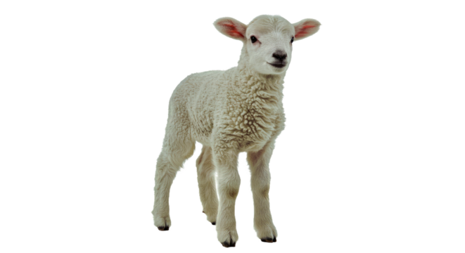 Merino Lamb Soft Fluffy Coat Small Ears Standing Upright Isolated White Young Sheep Farm Animal Cute