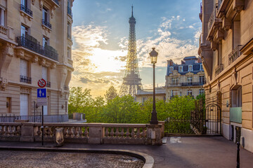 Eiffel tower seen from avenue de Camoens at sunrise, Paris, France