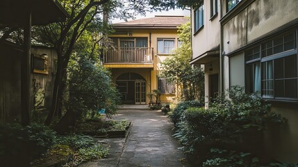 Fototapeta premium Quaint Courtyard of a Weathered, Multi-Story Dwelling with Lush Greenery and a Stone Pathway