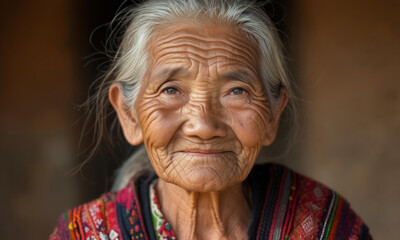 Elderly Asian Woman With Wrinkles And Gentle Smile Indoors