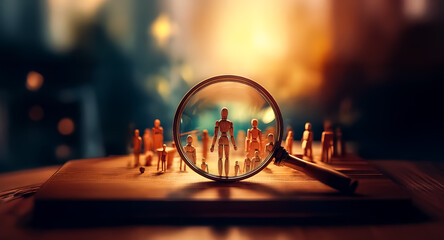A magnifying glass focuses on a few figures within a larger group, symbolizing the process of selection and individual focus within a crowd.  The warm lighting and shallow depth of field emphasize the