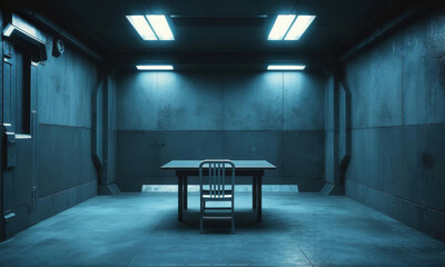 Dark Interrogation Room With Table And Industrial Lighting