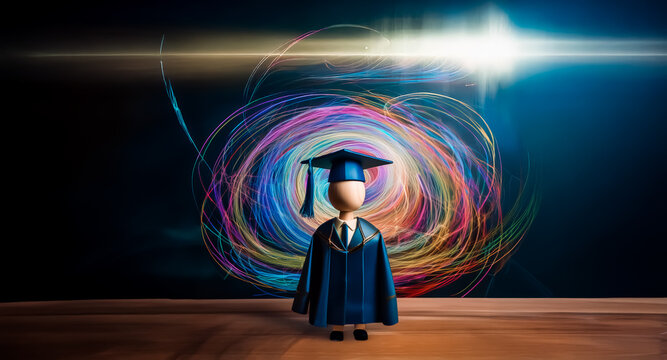 A graduate figurine stands before a vibrant, swirling background representing a bright future and limitless possibilities.  The scene evokes feelings of accomplishment and potential.