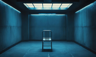 Empty Prison Cell With Harsh Light And Cold Blue Walls