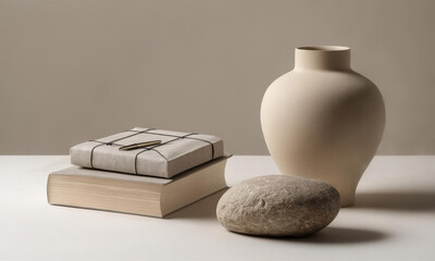 Minimalist Still Life With Ceramic Vases And Stone Blocks