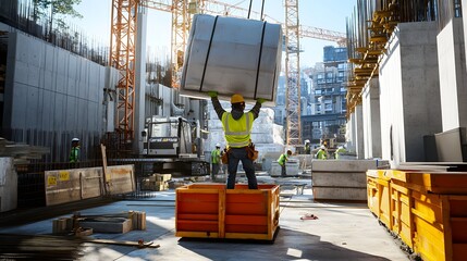 Construction worker carrying heavy metal cylinder on site.