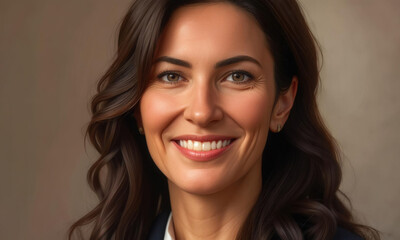 Smiling Brunette Woman With Wavy Hair And Warm Look