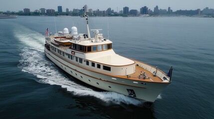 Fototapeta premium Yacht sailing on a calm sea, with the skyline in the background creating a picturesque maritime scene
