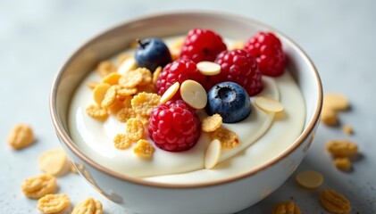 Creamy yogurt bowl topped with fresh berries, crunchy cornflakes, and sliced almonds, food, nutrition, fruit