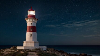 Obraz premium A view of the lighthouse at night illuminated by lights and the moon and a sky filled with stars