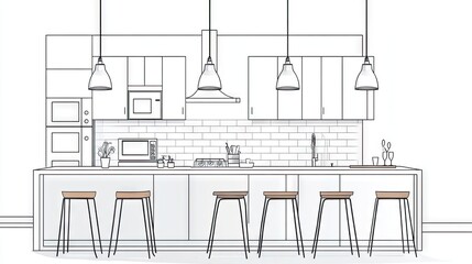 Line drawing of a contemporary kitchen design.