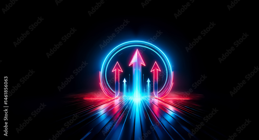 Poster glowing neon arrows ascend within a vibrant circular frame, radiating energy and symbolizing upward 