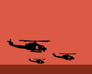 An illustration of Silhouetted military helicopters flying during sunset, with a bold red-orange background. Perfect for war zone concepts, army visuals, and tactical aviation projects