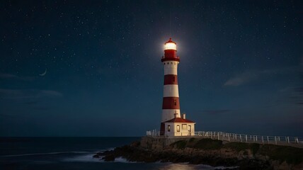 A view of the lighthouse at night illuminated by lights and the moon and a sky filled with stars