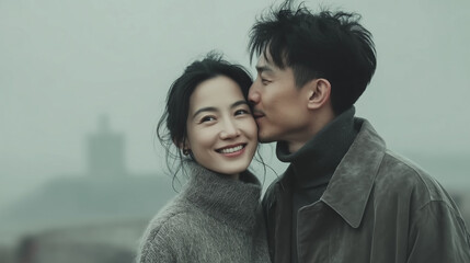 Couple Sharing Tender Moment Man Kisses Womans Cheek