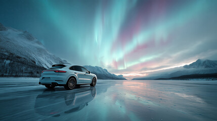 Premium White SUV Car On Ice Scenic Aurora Borealis Sky