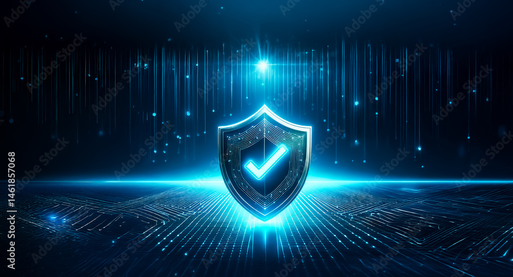 Aufkleber a glowing shield with a checkmark rests on a circuit board, symbolizing digital security and data pr