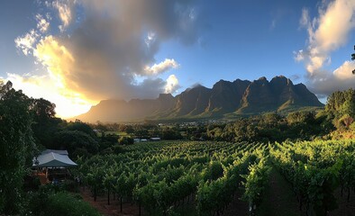 Naklejka premium Panoramic vineyard landscape at sunset, with mountains in the background. Lush green vineyards stretch across the valley, illuminated by golden sunlight