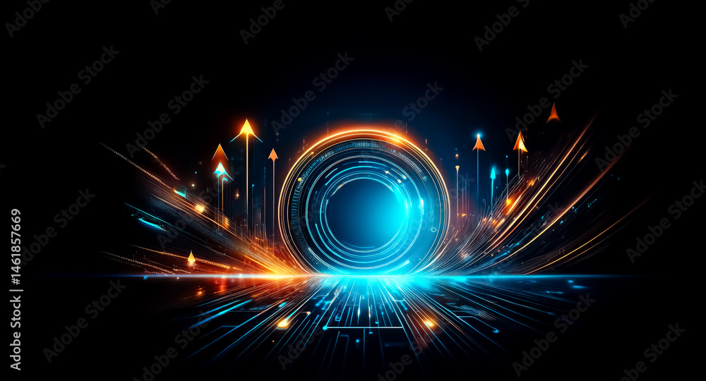 Poster abstract image depicting a glowing blue and orange circular energy field with upward-pointing arrows