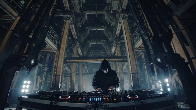 A DJ in a hoodie performs in an industrial setting, captured from a low-angle. The video conveys an edgy, underground vibe with dramatic lighting.