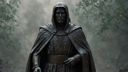 A statue of Saory, cloaked in a translucent war robe, symbolizing wars never fought