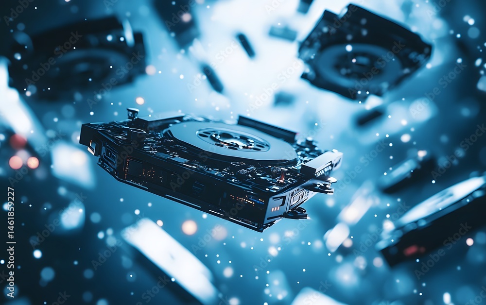 Poster a captivating image of a computer hard drive floating in a digital space, showcasing high-tech eleme