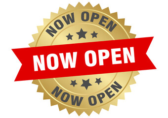 Obraz premium now open. now open round red and gold label isolated on transparent background