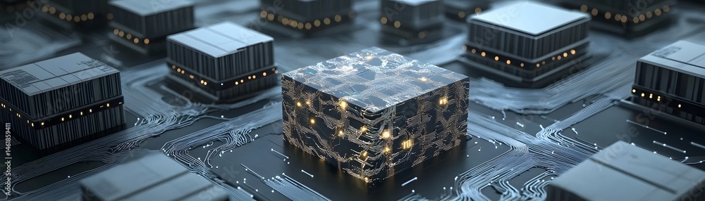 Poster a close-up view of a futuristic microchip with intricate designs and glowing elements, showcasing ad