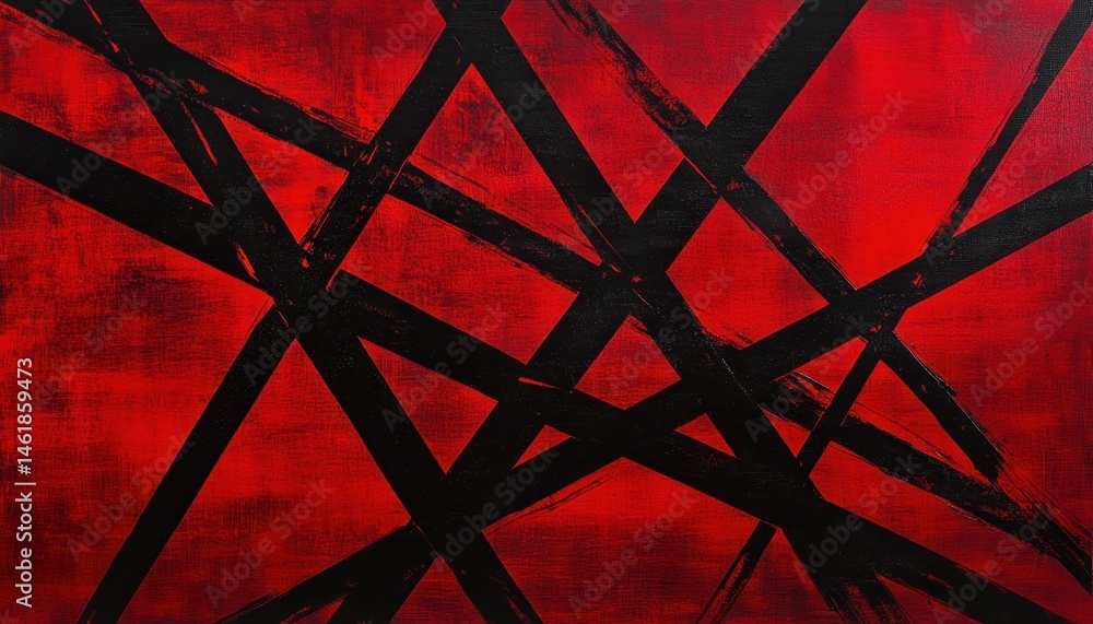 Aufkleber dynamic abstract painting with intersecting black brushstrokes on vivid red background canvas textur