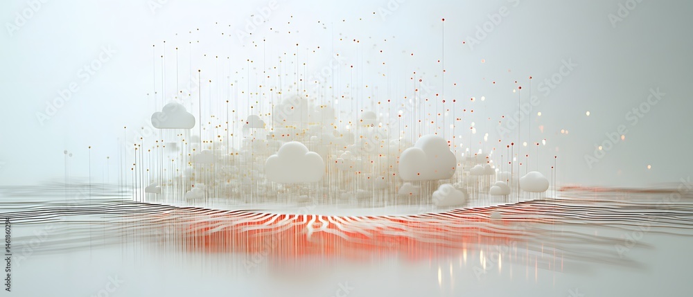 Poster a dynamic digital illustration showcasing a blend of clouds and light patterns, symbolizing innovati