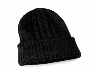 Black Knitted Beanie Against White Background